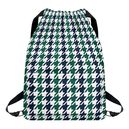 Blue Green And White Houndstooth Print Drawstring Backpack