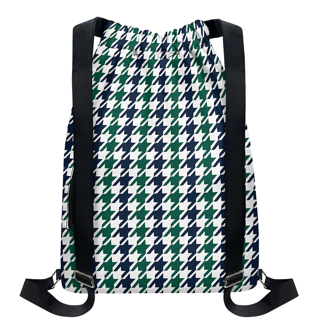 Blue Green And White Houndstooth Print Drawstring Backpack
