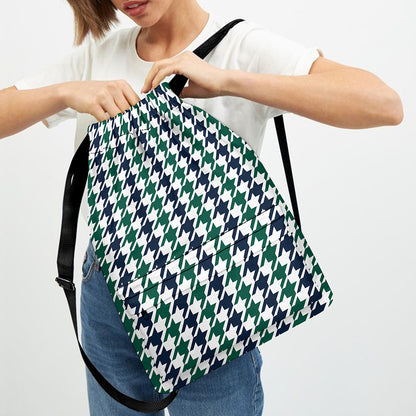 Blue Green And White Houndstooth Print Drawstring Backpack