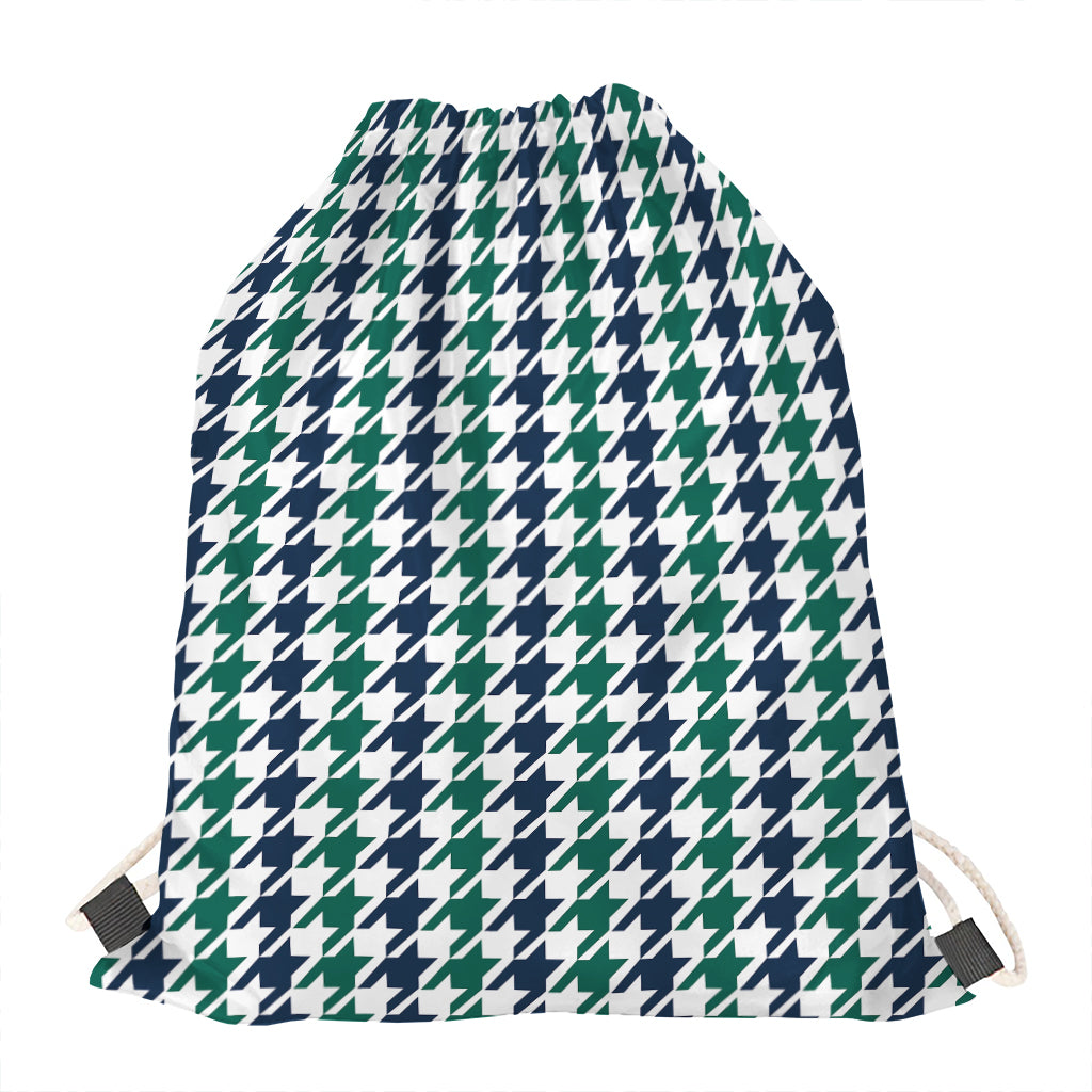 Blue Green And White Houndstooth Print Drawstring Bag