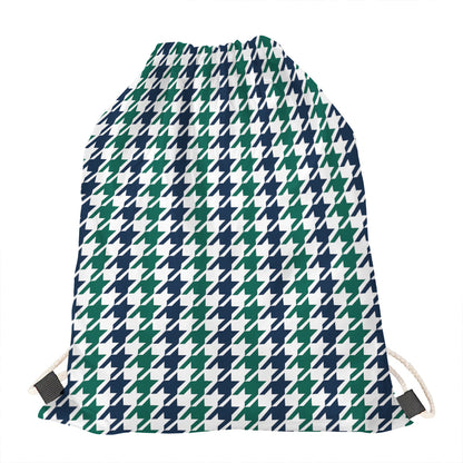 Blue Green And White Houndstooth Print Drawstring Bag