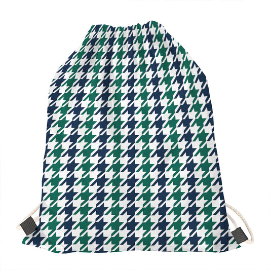 Blue Green And White Houndstooth Print Drawstring Bag