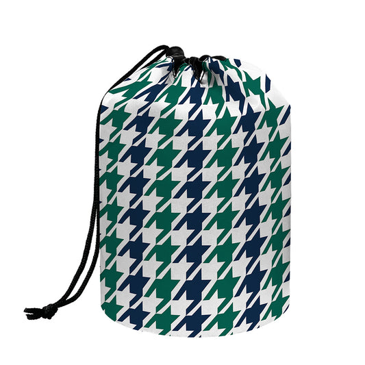 Blue Green And White Houndstooth Print Drawstring Makeup Bag