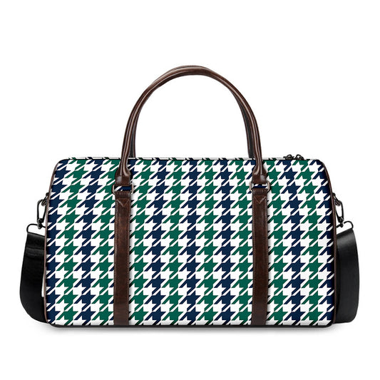 Blue Green And White Houndstooth Print Duffle Bag