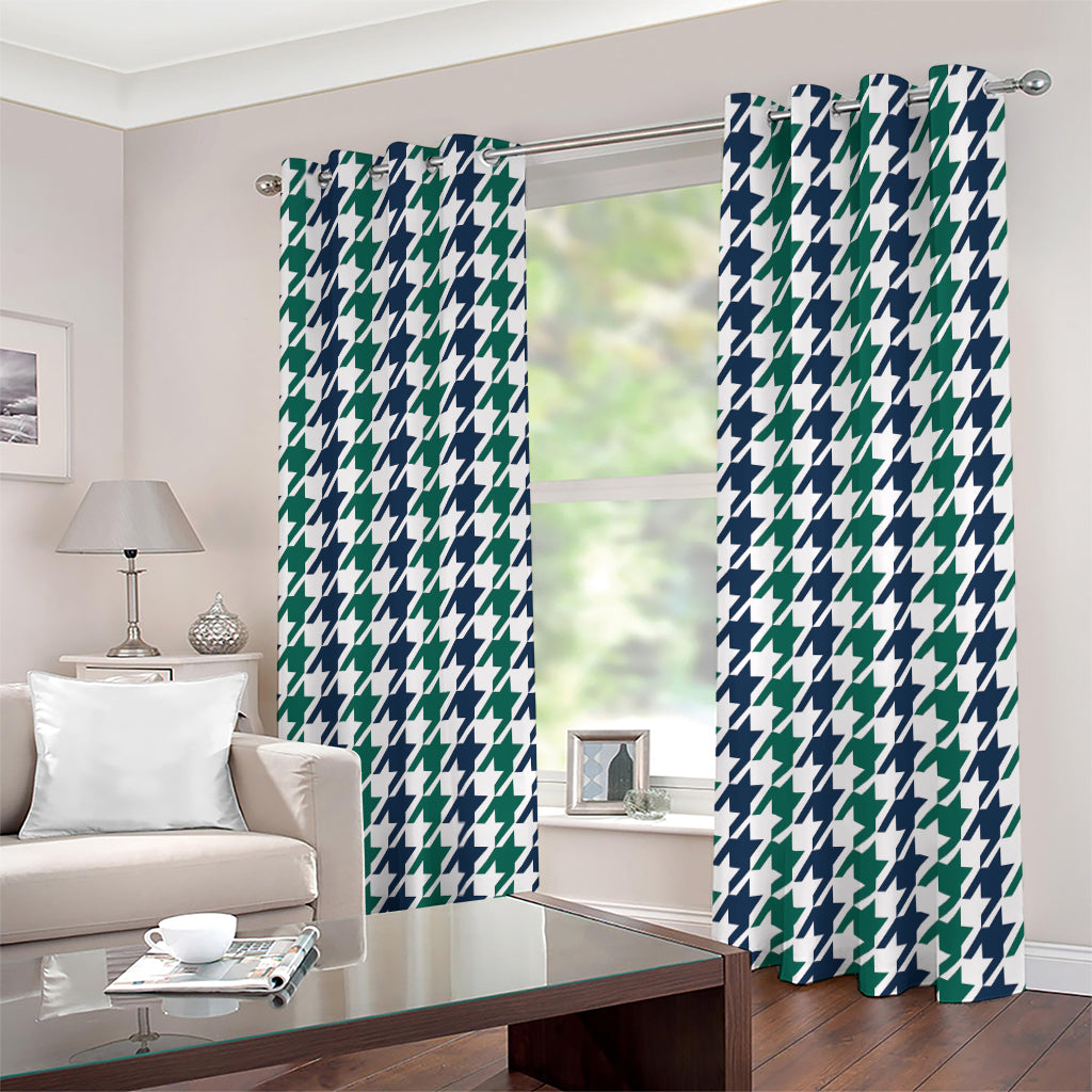 Blue Green And White Houndstooth Print Extra Wide Grommet Curtains