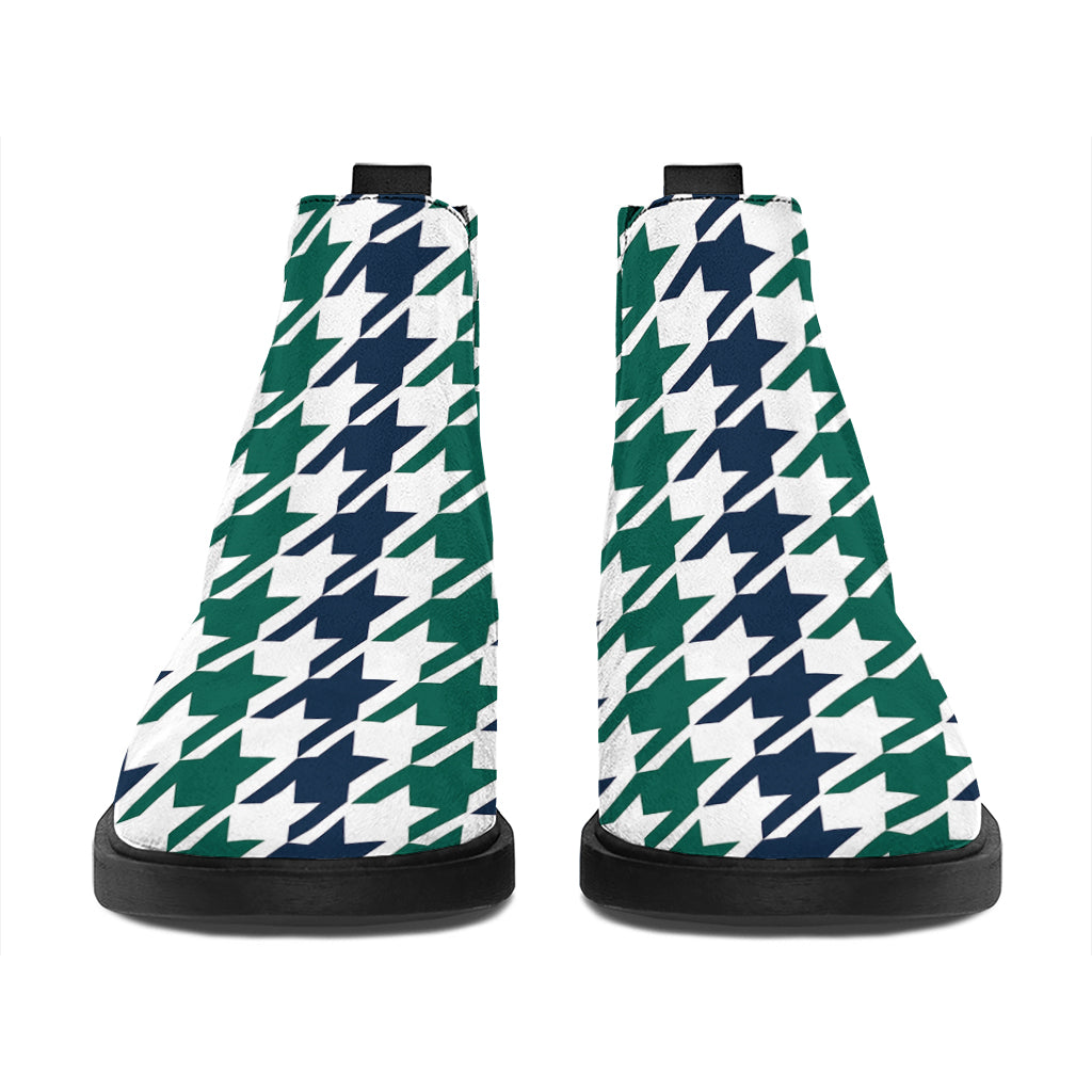 Blue Green And White Houndstooth Print Flat Ankle Boots