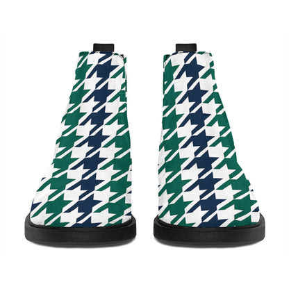 Blue Green And White Houndstooth Print Flat Ankle Boots