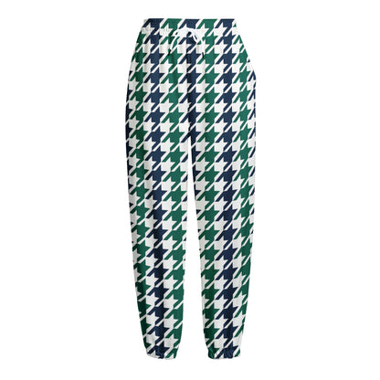 Blue Green And White Houndstooth Print Fleece Lined Knit Pants