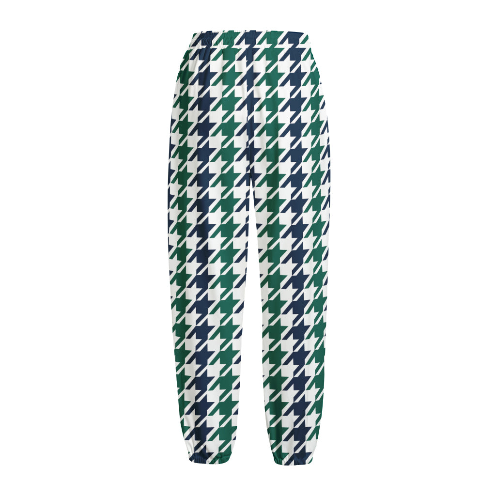 Blue Green And White Houndstooth Print Fleece Lined Knit Pants