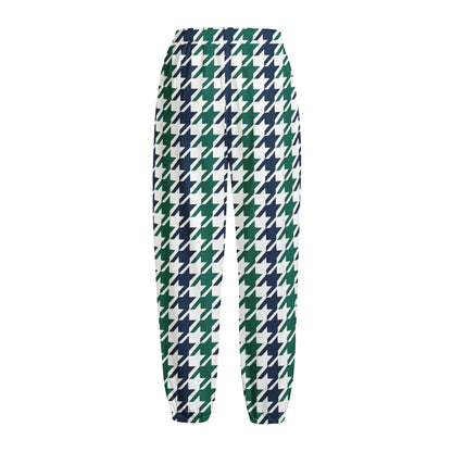 Blue Green And White Houndstooth Print Fleece Lined Knit Pants