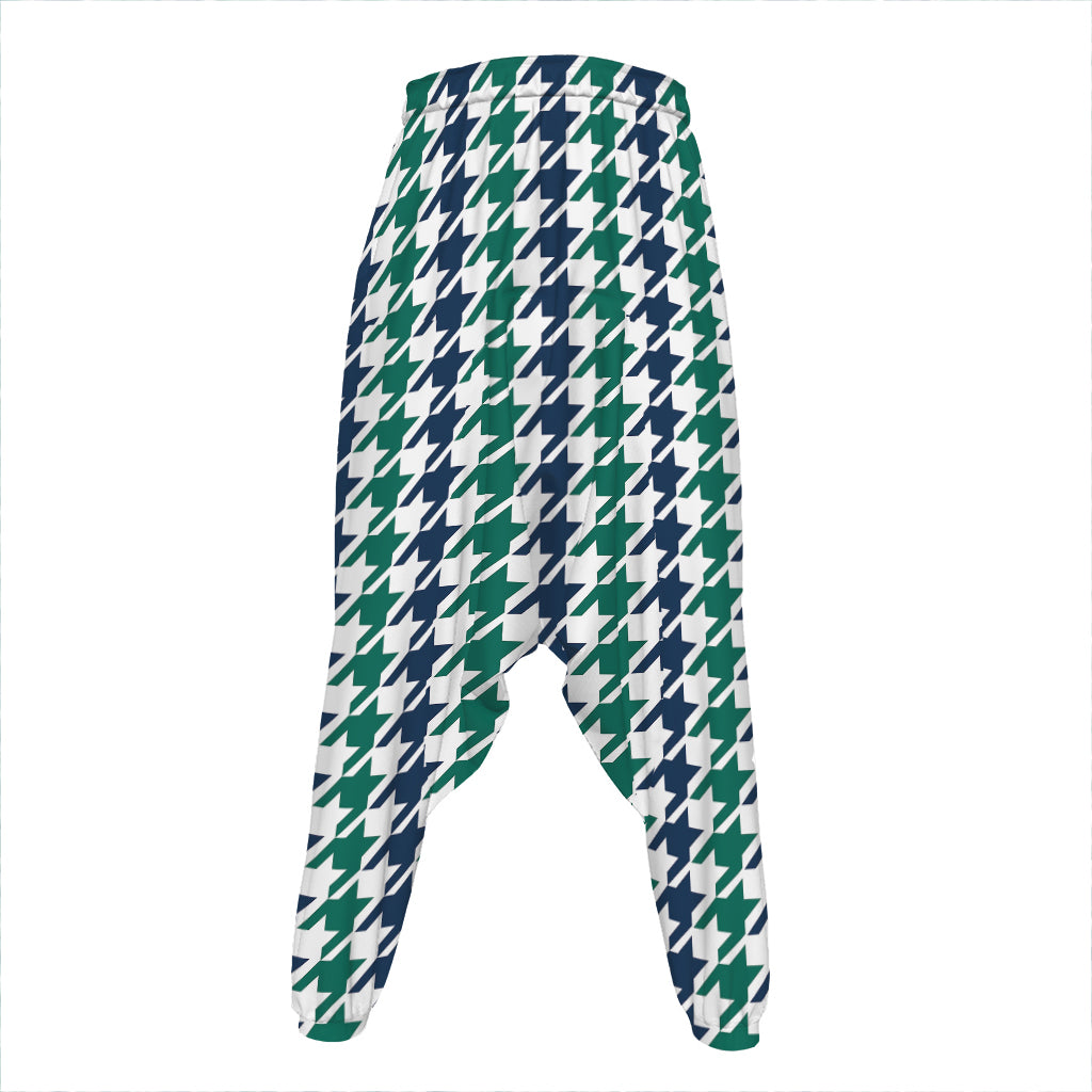 Blue Green And White Houndstooth Print Hammer Pants