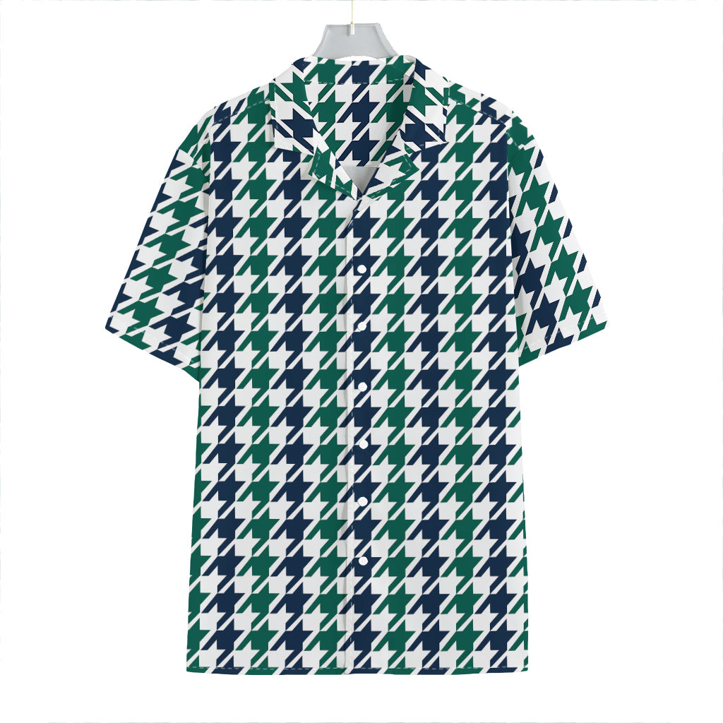 Blue Green And White Houndstooth Print Hawaiian Shirt