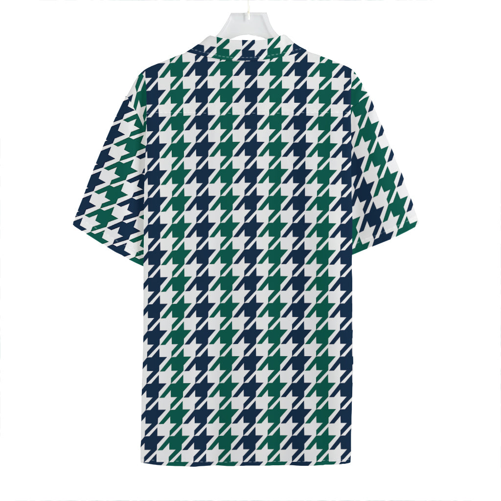 Blue Green And White Houndstooth Print Hawaiian Shirt