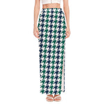 Blue Green And White Houndstooth Print High Slit Maxi Skirt