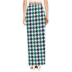 Blue Green And White Houndstooth Print High Slit Maxi Skirt