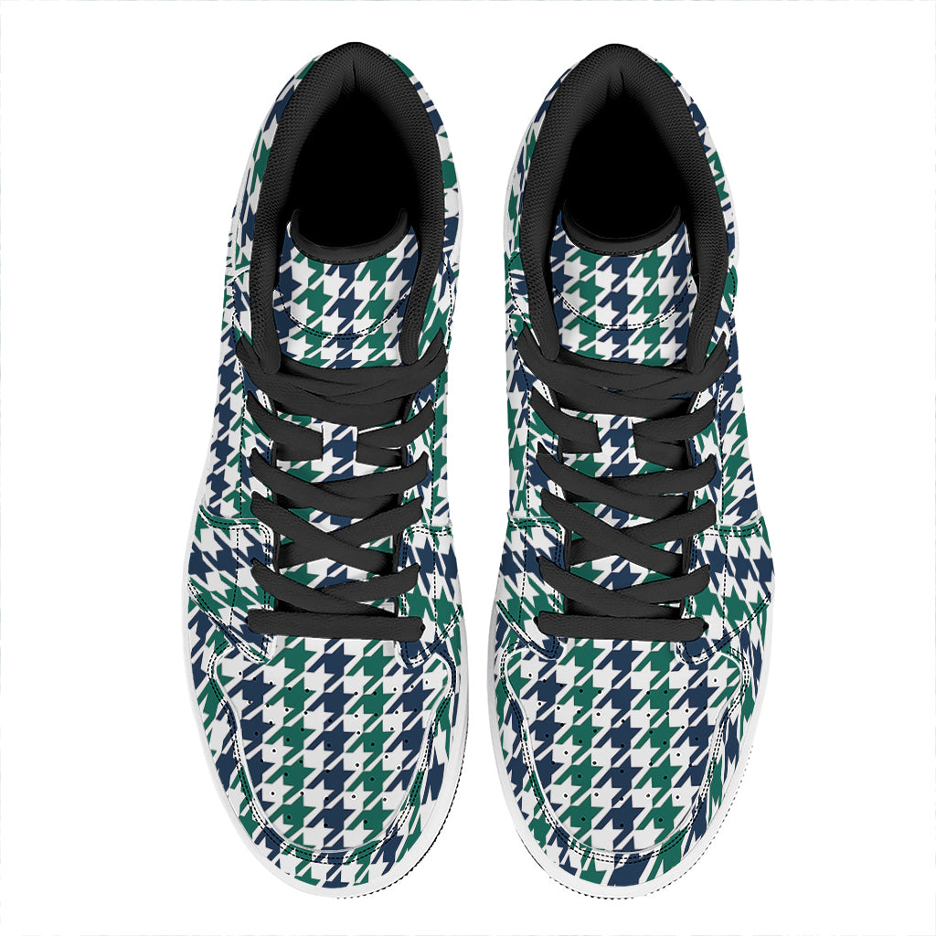 Blue Green And White Houndstooth Print High Top Leather Sneakers