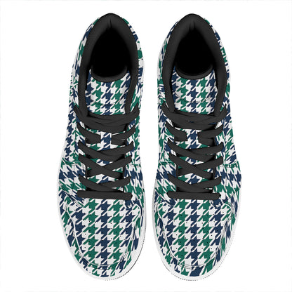 Blue Green And White Houndstooth Print High Top Leather Sneakers