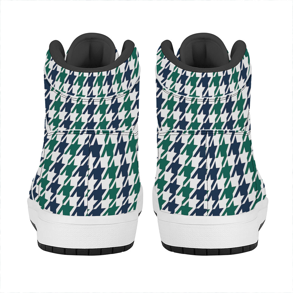 Blue Green And White Houndstooth Print High Top Leather Sneakers