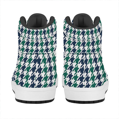 Blue Green And White Houndstooth Print High Top Leather Sneakers