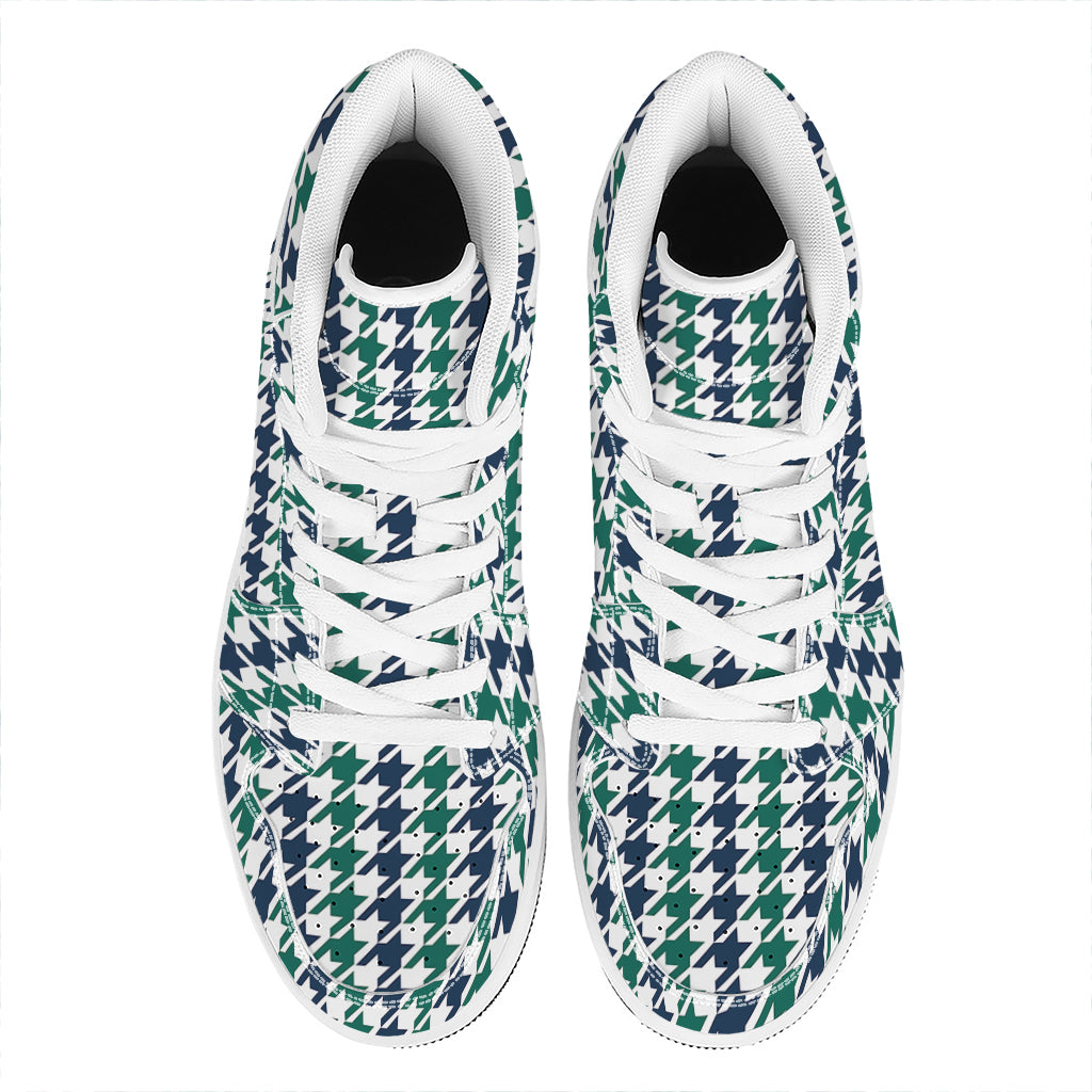 Blue Green And White Houndstooth Print High Top Leather Sneakers