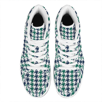 Blue Green And White Houndstooth Print High Top Leather Sneakers