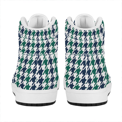 Blue Green And White Houndstooth Print High Top Leather Sneakers