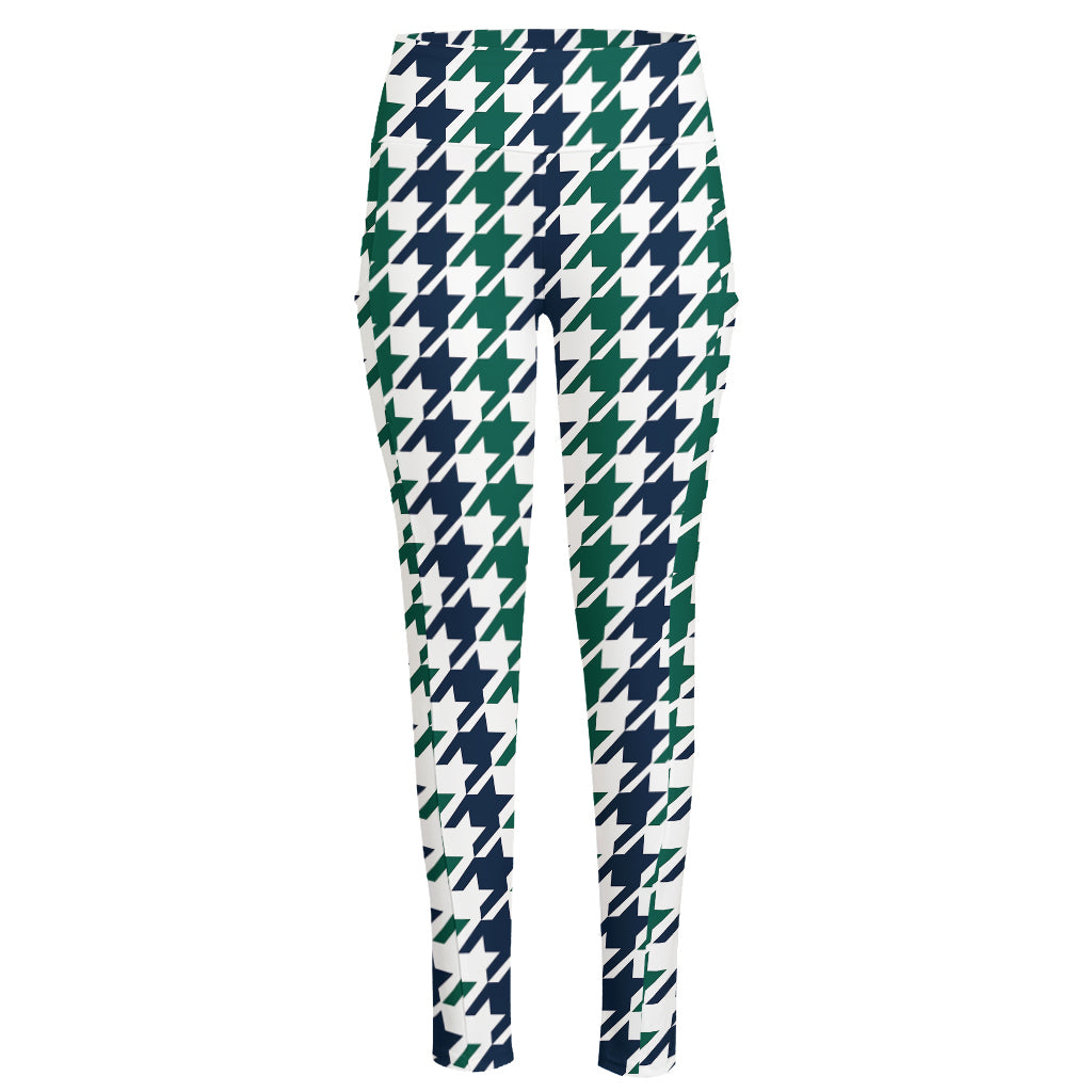 Blue Green And White Houndstooth Print High-Waisted Pocket Leggings