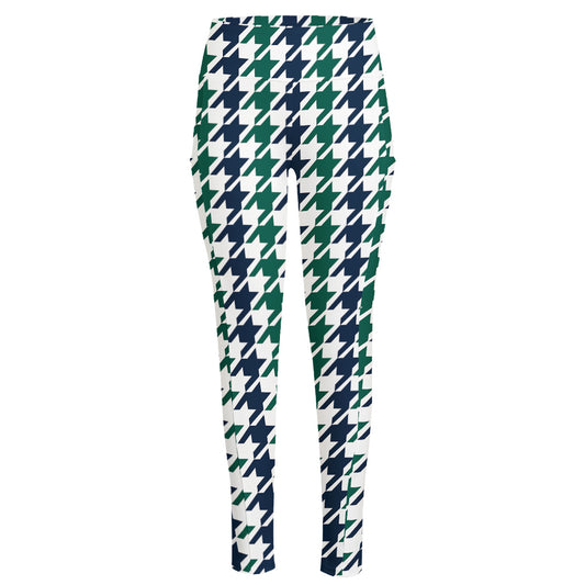 Blue Green And White Houndstooth Print High-Waisted Pocket Leggings