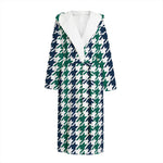 Blue Green And White Houndstooth Print Hooded Bathrobe