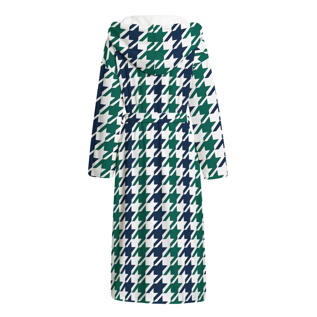 Blue Green And White Houndstooth Print Hooded Bathrobe