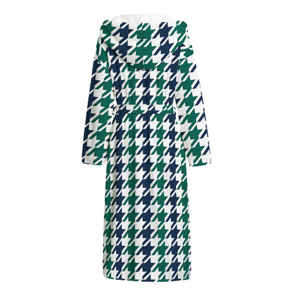 Blue Green And White Houndstooth Print Hooded Bathrobe