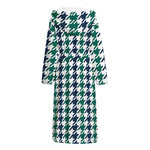 Blue Green And White Houndstooth Print Hooded Bathrobe