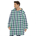 Blue Green And White Houndstooth Print Hoodie Blanket