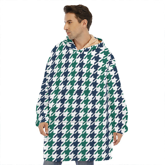 Blue Green And White Houndstooth Print Hoodie Blanket