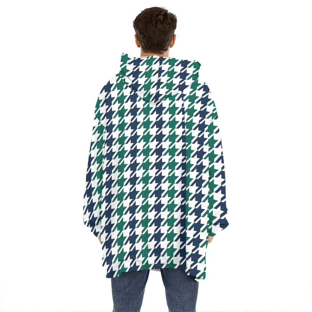 Blue Green And White Houndstooth Print Hoodie Blanket