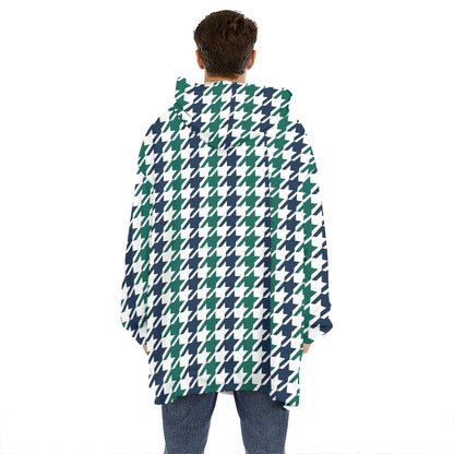 Blue Green And White Houndstooth Print Hoodie Blanket