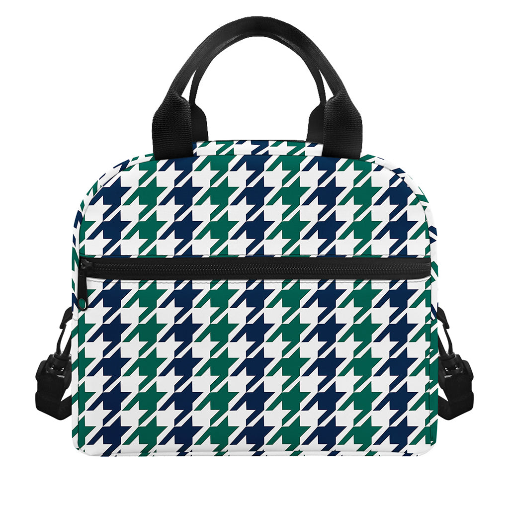 Blue Green And White Houndstooth Print Insulated Lunch Bag