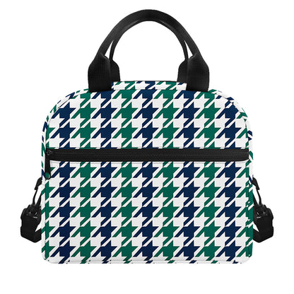 Blue Green And White Houndstooth Print Insulated Lunch Bag