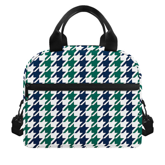 Blue Green And White Houndstooth Print Insulated Lunch Bag