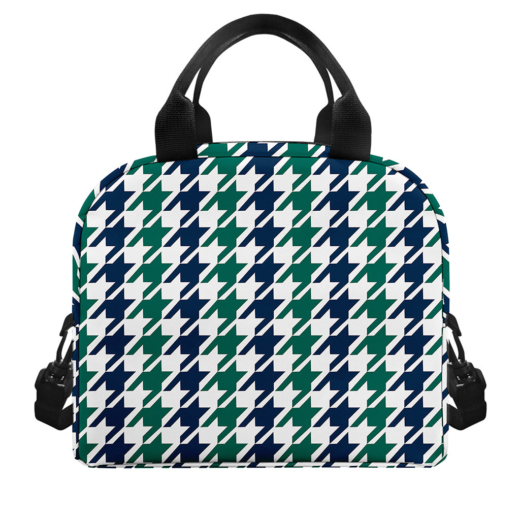 Blue Green And White Houndstooth Print Insulated Lunch Bag
