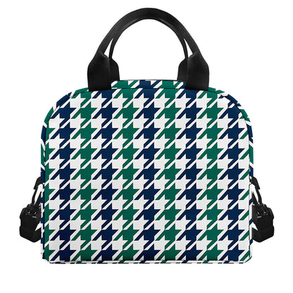Blue Green And White Houndstooth Print Insulated Lunch Bag