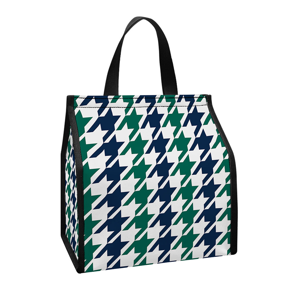 Blue Green And White Houndstooth Print Insulated Lunch Tote