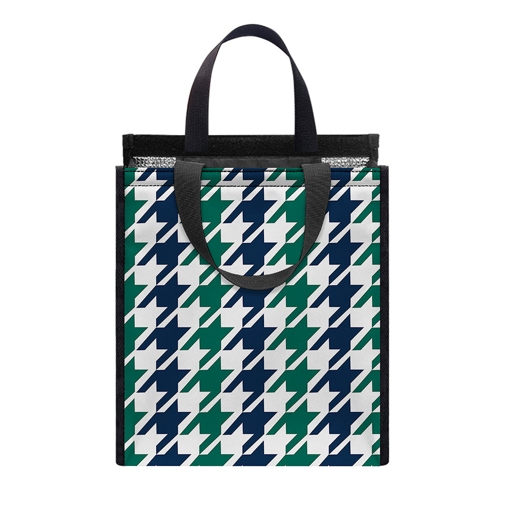 Blue Green And White Houndstooth Print Insulated Lunch Tote
