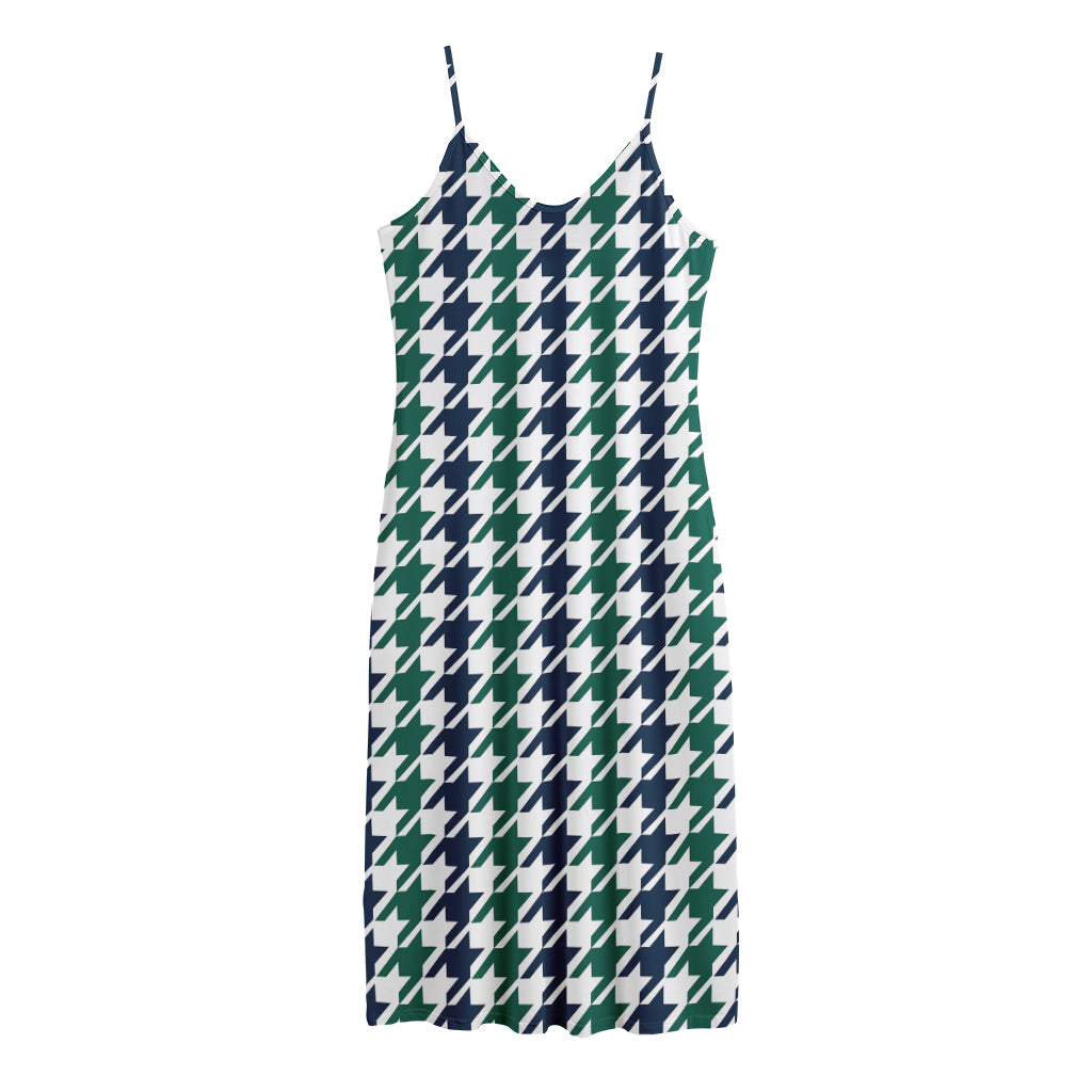 Blue Green And White Houndstooth Print Jersey Midi Cami Dress