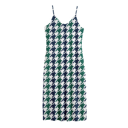 Blue Green And White Houndstooth Print Jersey Midi Cami Dress