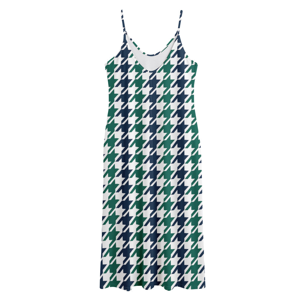 Blue Green And White Houndstooth Print Jersey Midi Cami Dress