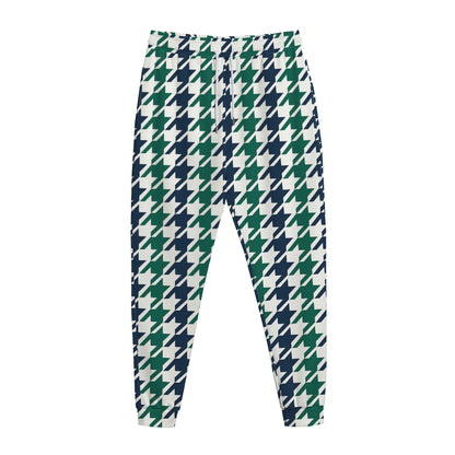 Blue Green And White Houndstooth Print Jogger Pants
