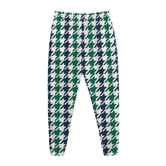 Blue Green And White Houndstooth Print Jogger Pants