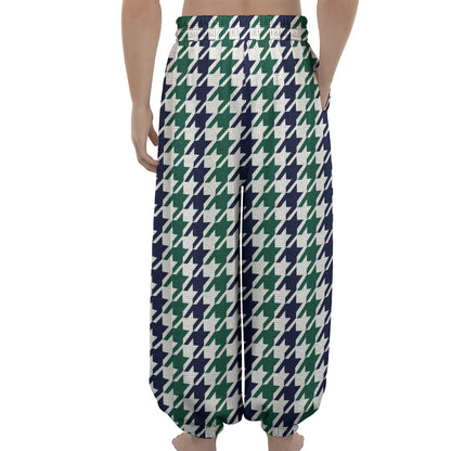 Blue Green And White Houndstooth Print Lantern Pants