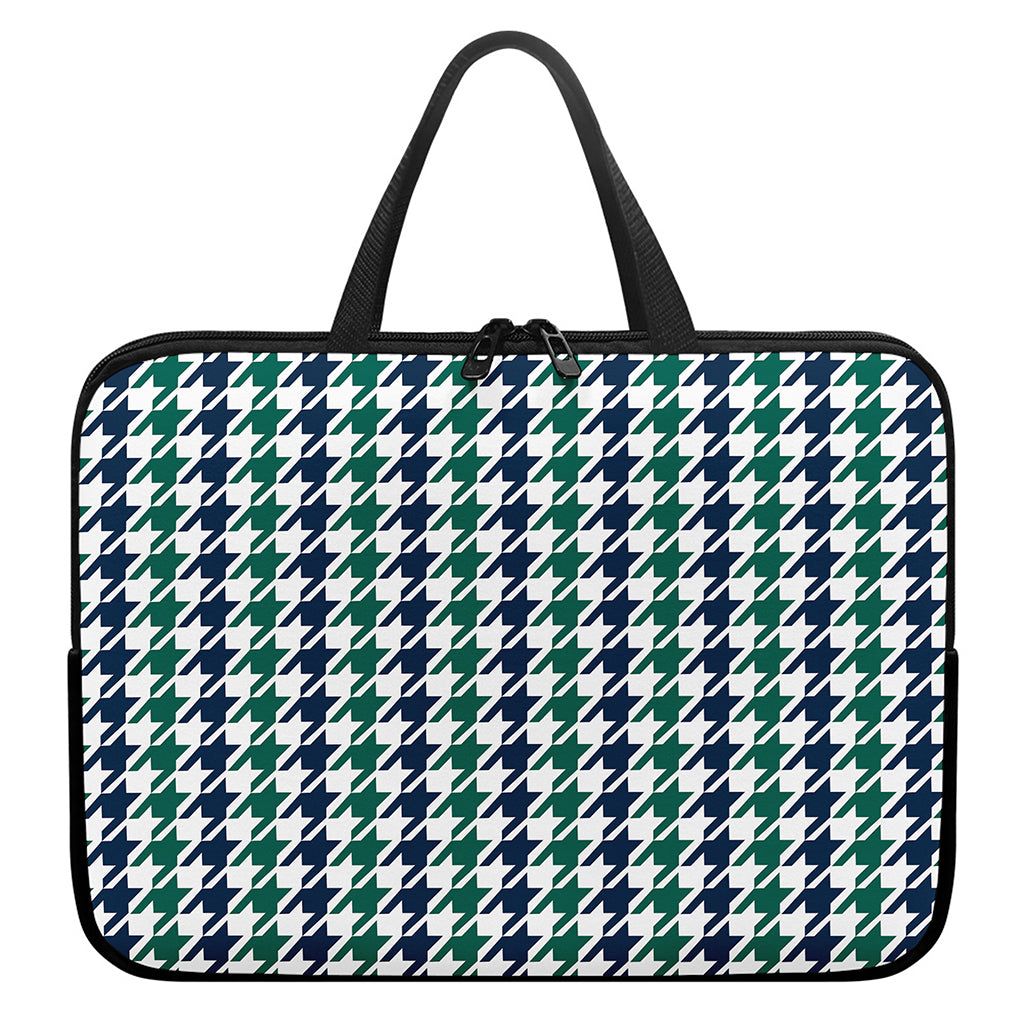 Blue Green And White Houndstooth Print Laptop Sleeve With Handle